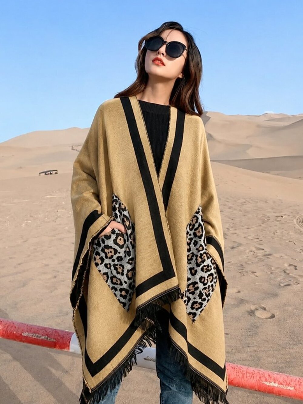 2/$30 NEW Boho Cheetah Ruana Oversized Open Wrap Poncho Blanket Scarf Khaki Tan
